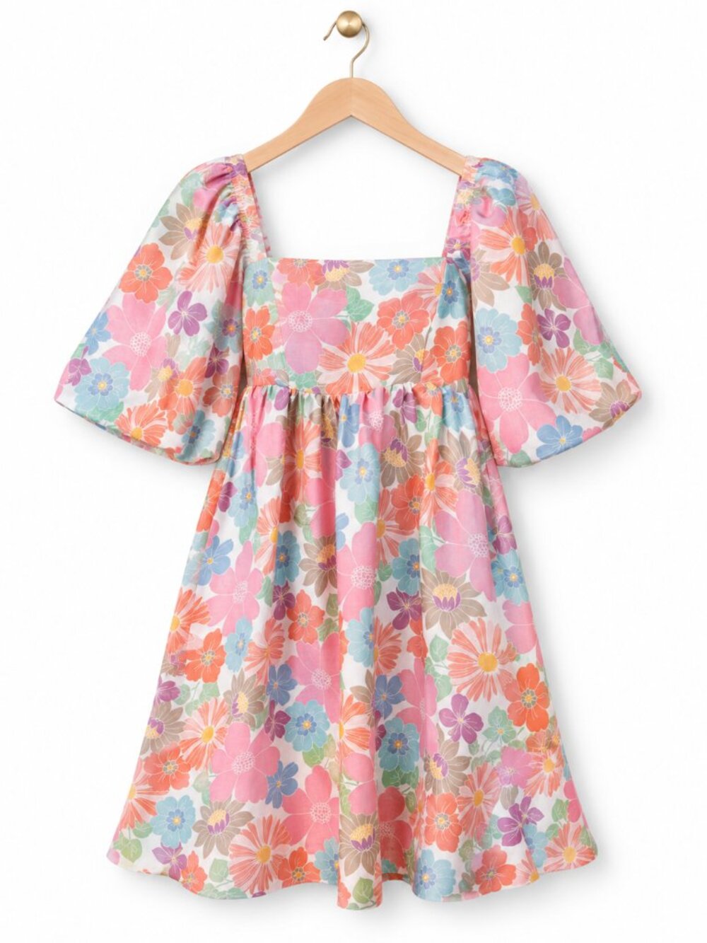 Retro Floral Babydoll Mini Dress Medium Puff Sleeve Square Neck Cottagecore